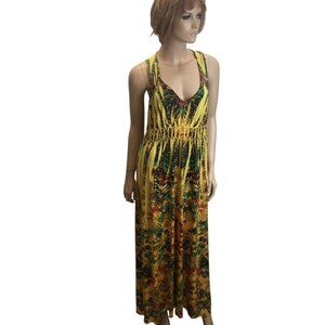 b. friends Dress Womens Medium Yellow Print Maxi Sleeveless V Neck Strappy Boho